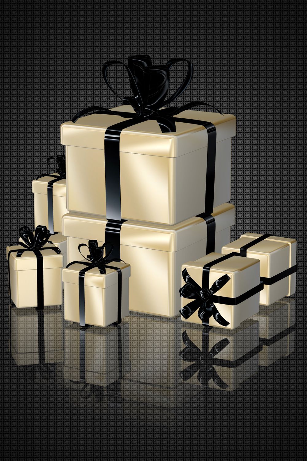 Wrapped gift boxes on a dark reflective surface